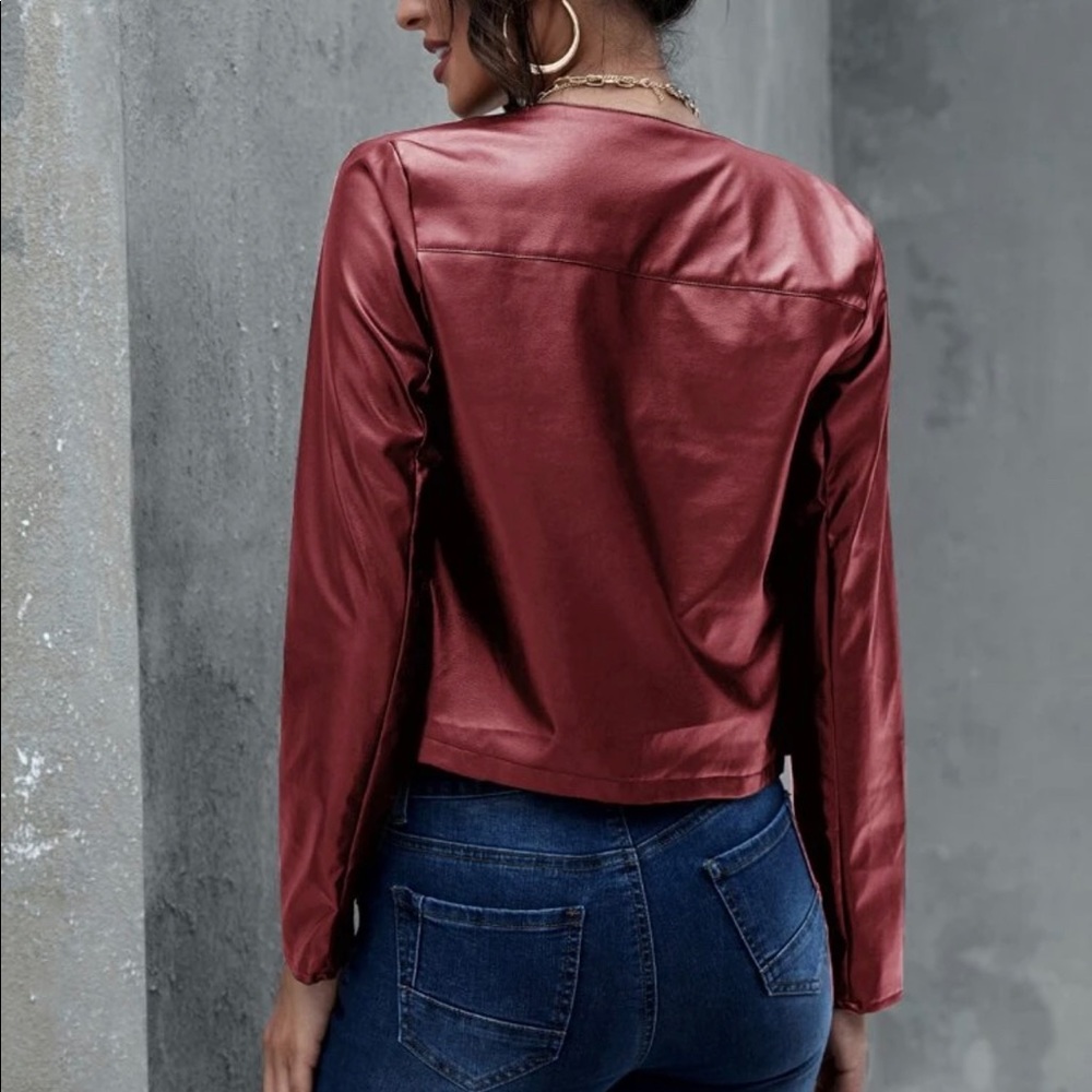 Vegan leather Moto motorcycle jacket maroon red - Picture 2 of 6